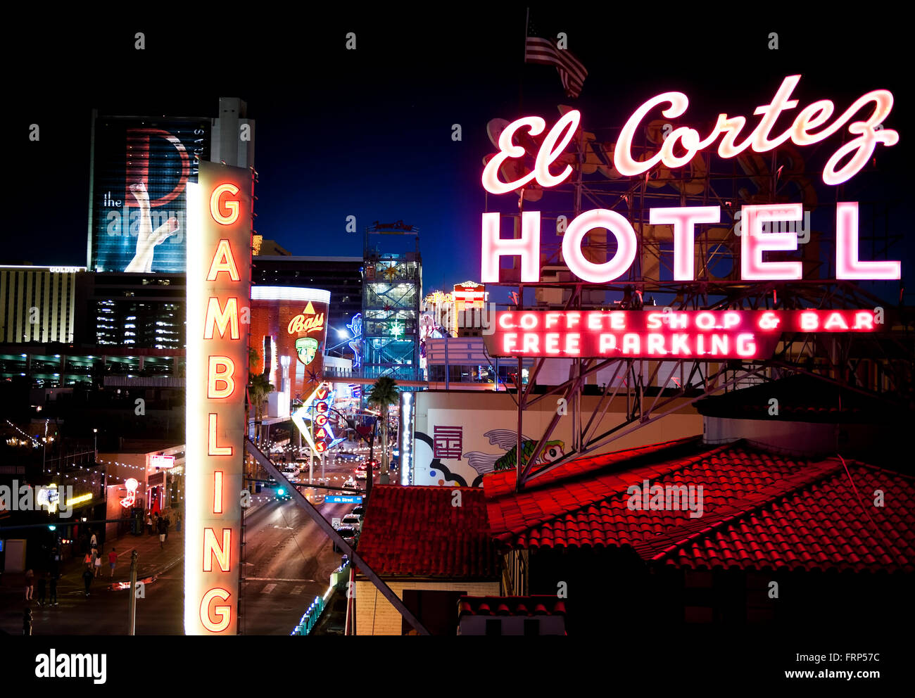 Ein Zeichen für das El Cortez Hotel and Casino in der Nacht im Stadtteil Fremont in Las Vegas, Nevada, USA Stockfoto