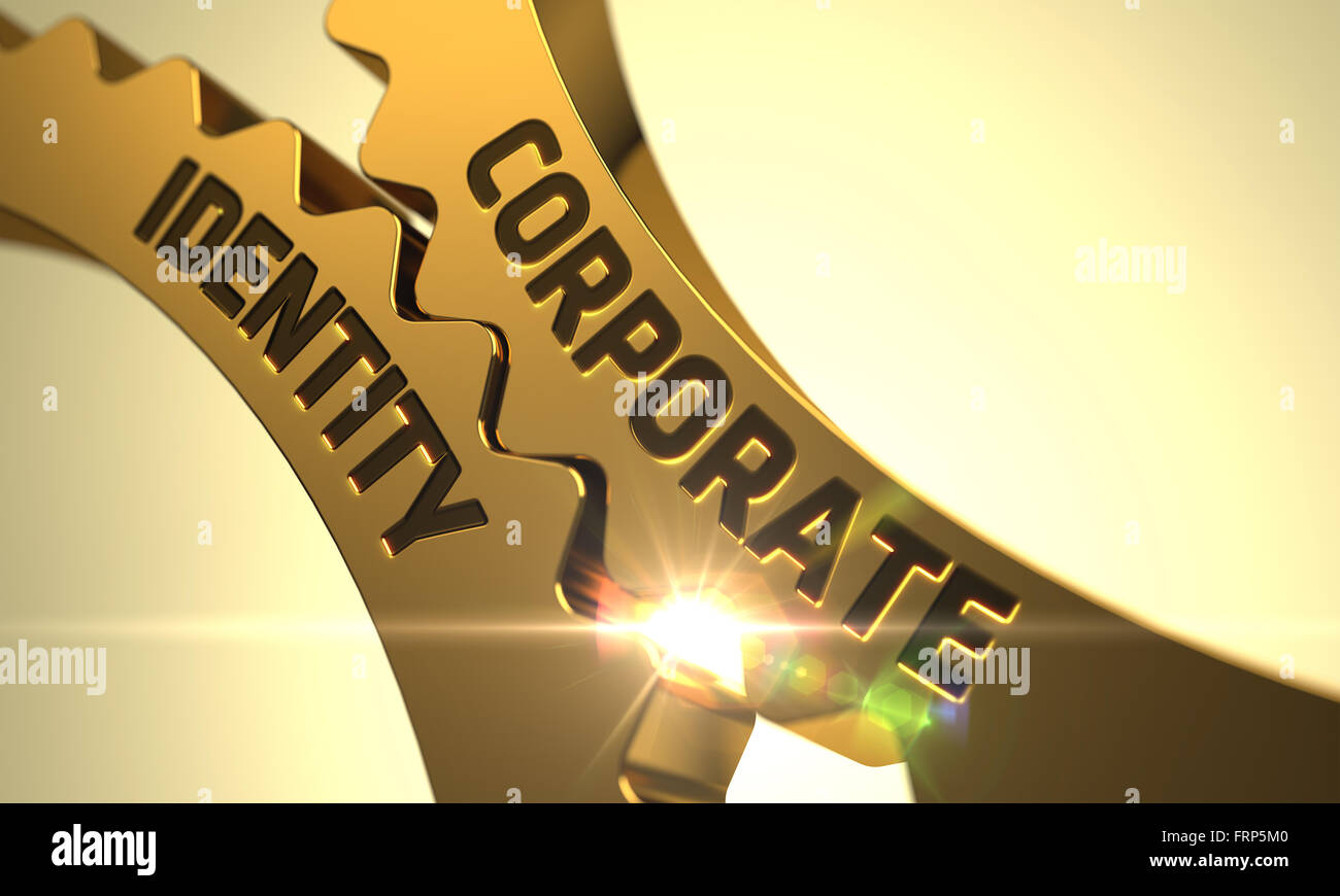 Corporate Identity auf die goldene metallische Zahnräder. Stockfoto