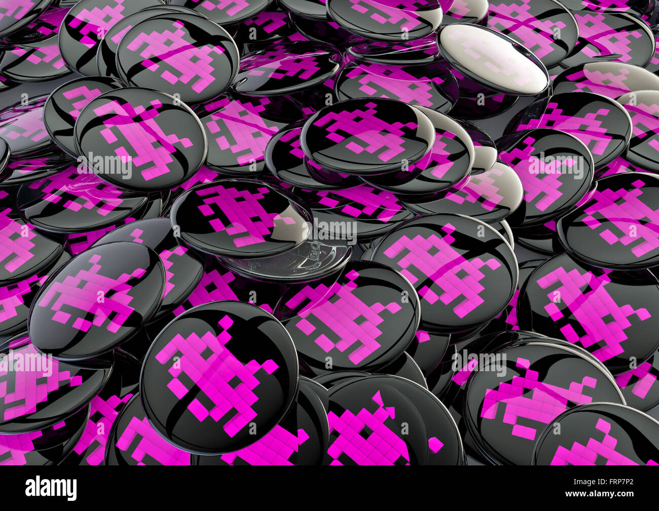 Space Invader Abzeichen / 3D-Render metallische Abzeichen mit Space Invader-Symbol Stockfoto
