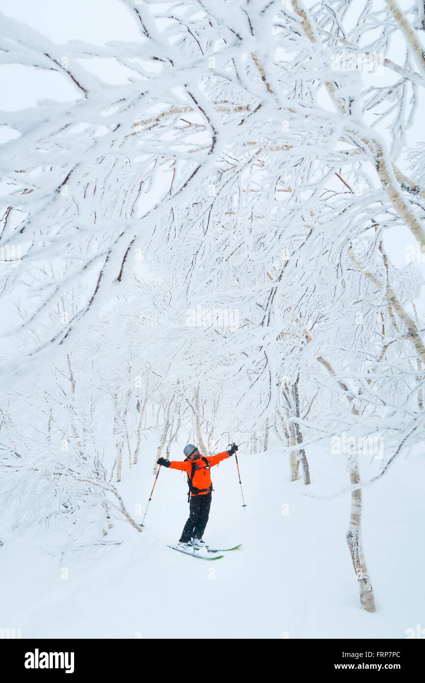 Eine Skifahrerin in steht in einer herrlichen Berglandschaft mit schneebedeckten Bäumen in der Nähe des Skigebiets Rusutsu auf Hokaido, Japan. Stockfoto