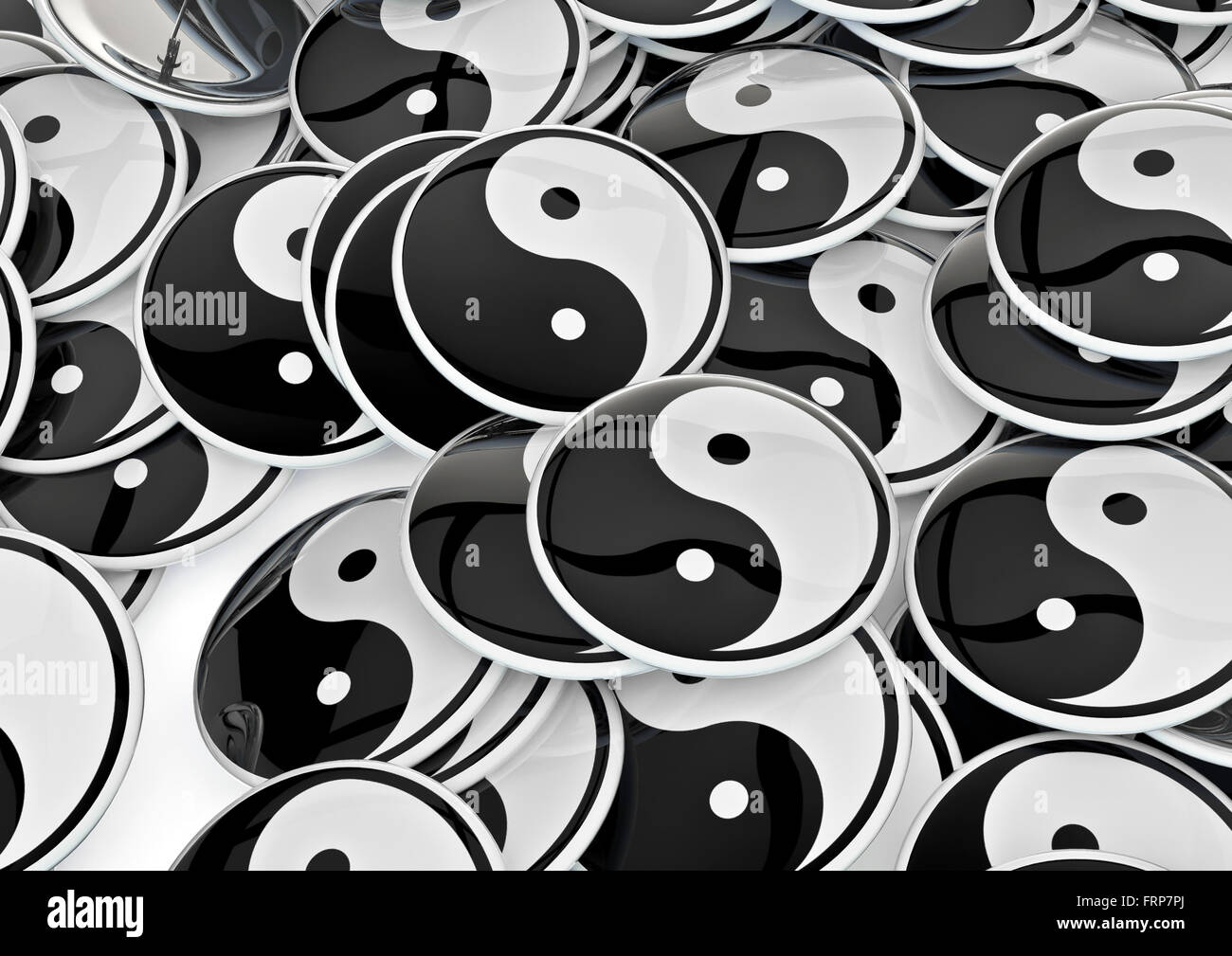 Yin-Yang-Abzeichen / 3D-Render metallische Abzeichen mit Yin-Yang-Harmonie-Symbol Stockfoto