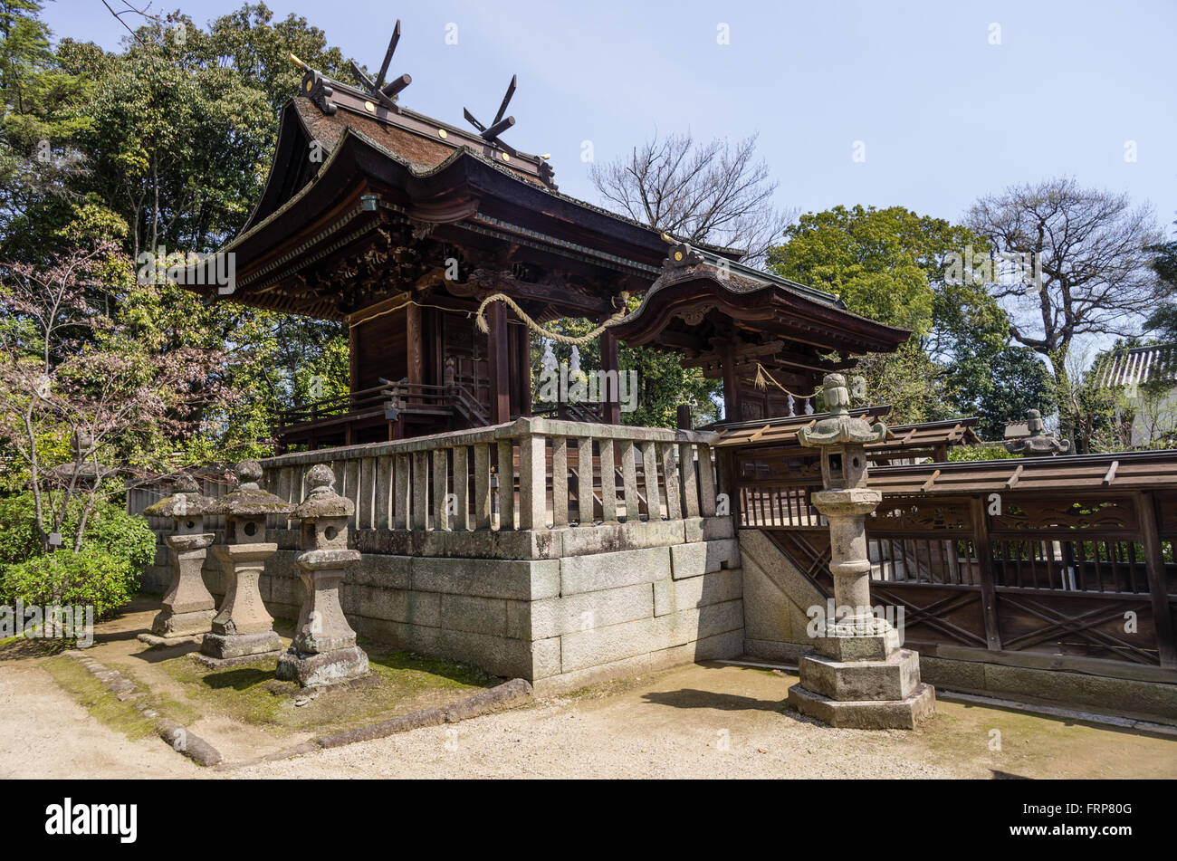 Die Honden Kami Heiligtum in Izumo-Architektur in Aichi Schrein, Kurashiki City, Präfektur Okayama, Japan Stockfoto
