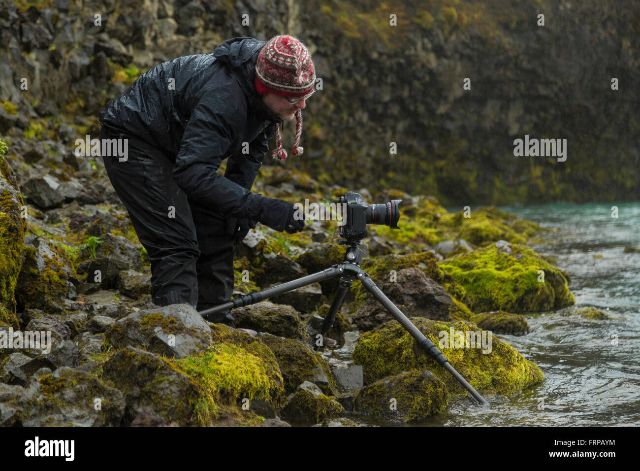 Fotograf fängt regnerischen isländischen Szene Amognst moosbedeckten Felsen Stockfoto