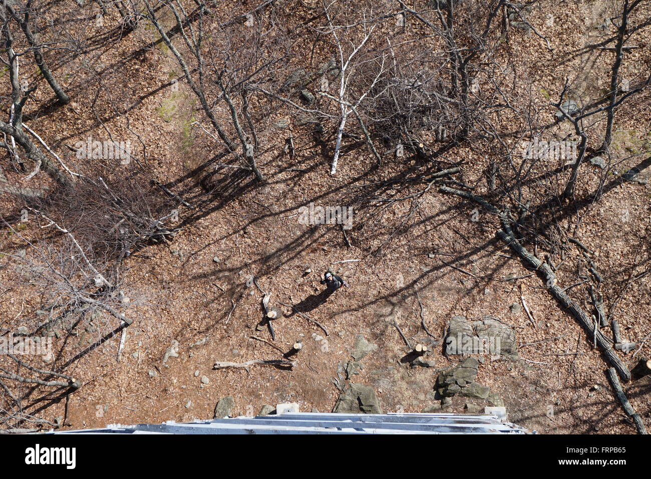 Ein Schuss getroffen von oben Stissing Feuerturm, der ein Wanderer aus dem Boden unter ihm winken. Stockfoto