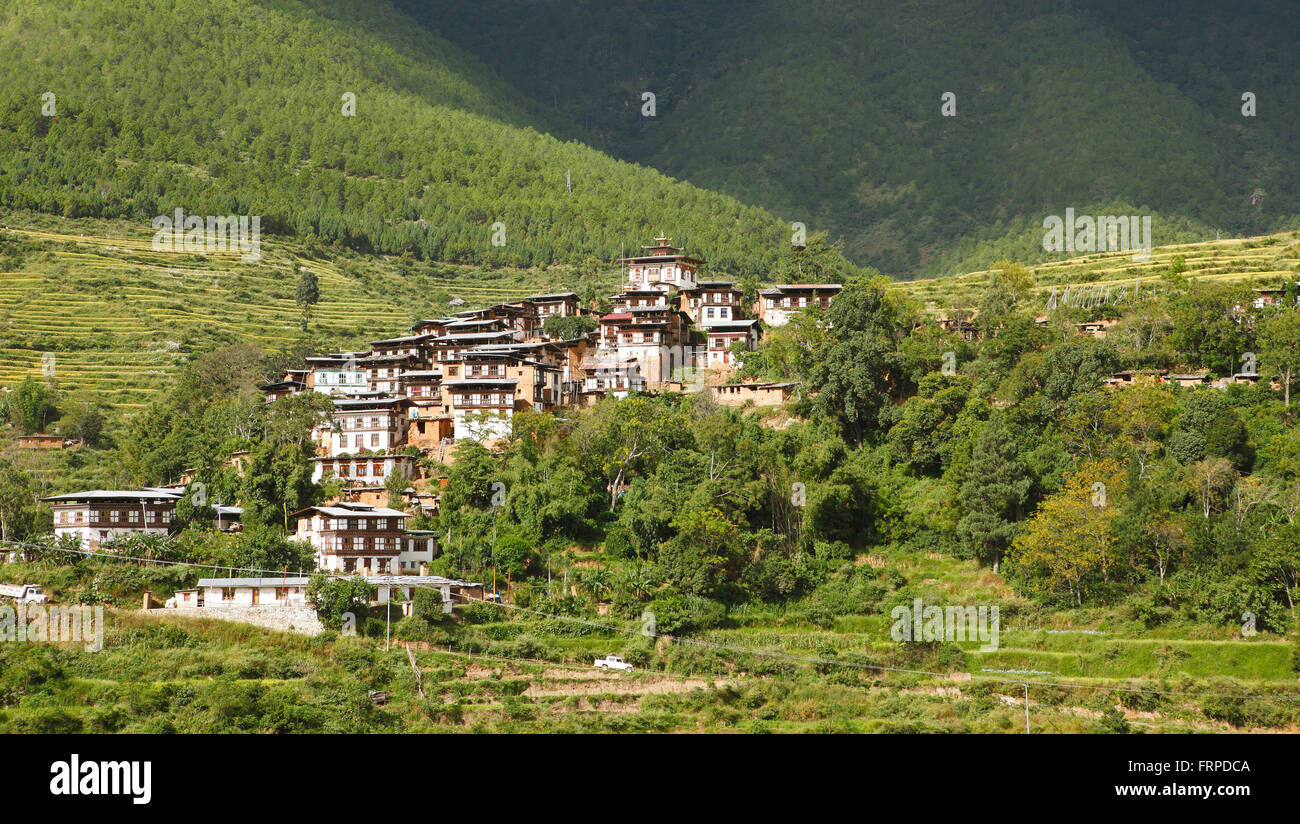 Rinchengang Dorf mit traditionellen Häusern, Bezirk Wangdue Phodrang, Bhutan Stockfoto