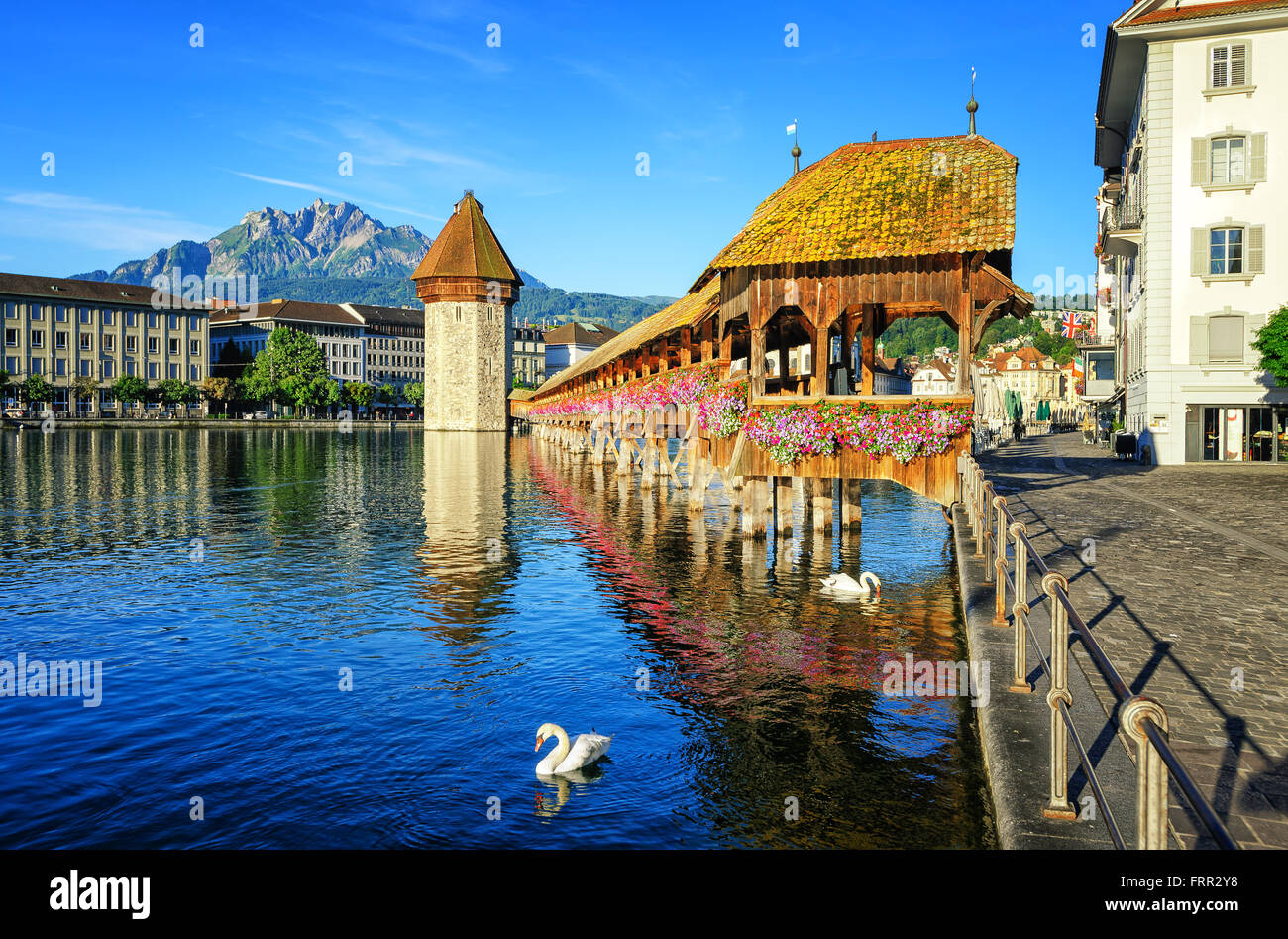Hölzerne Kapellbrücke und Wasserturm Int Luzern, Schweiz Stockfoto