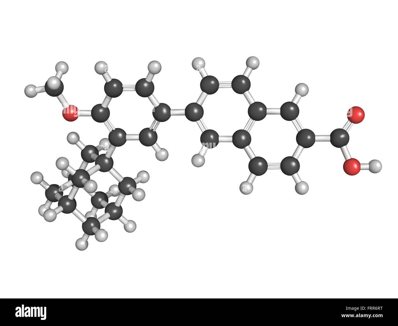 Adapalen Akne-Behandlung-Medikament, chemische Struktur. Atome werden als Kugeln mit konventionellen Farbkodierung dargestellt. Stockfoto