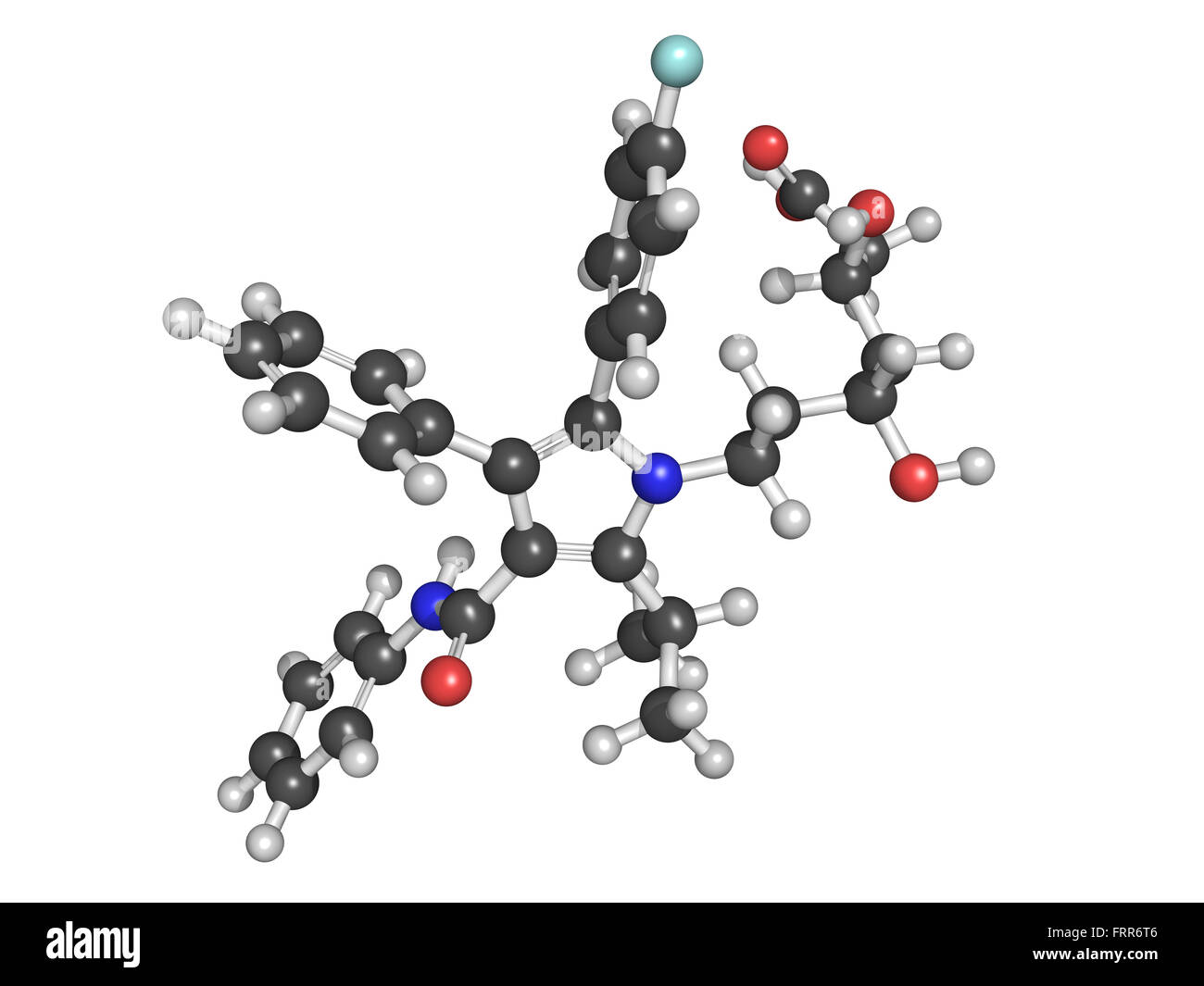 Atorvastatin cholesterinsenkende Medikamente (Statine Klasse), chemische Struktur. Atome sind als Kugeln mit herkömmlichen co vertreten. Stockfoto