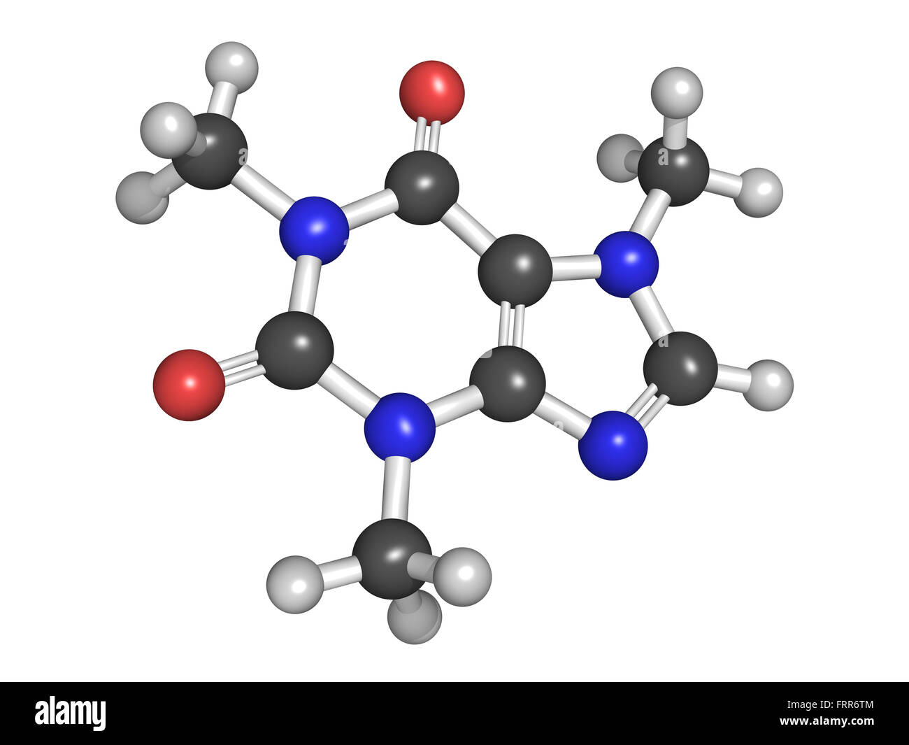 Modell des Stimulans Koffein in Kaffee und in Energy-Drinks gefunden. Atome werden als Kugeln mit herkömmlichen Farbe dargestellt. Stockfoto