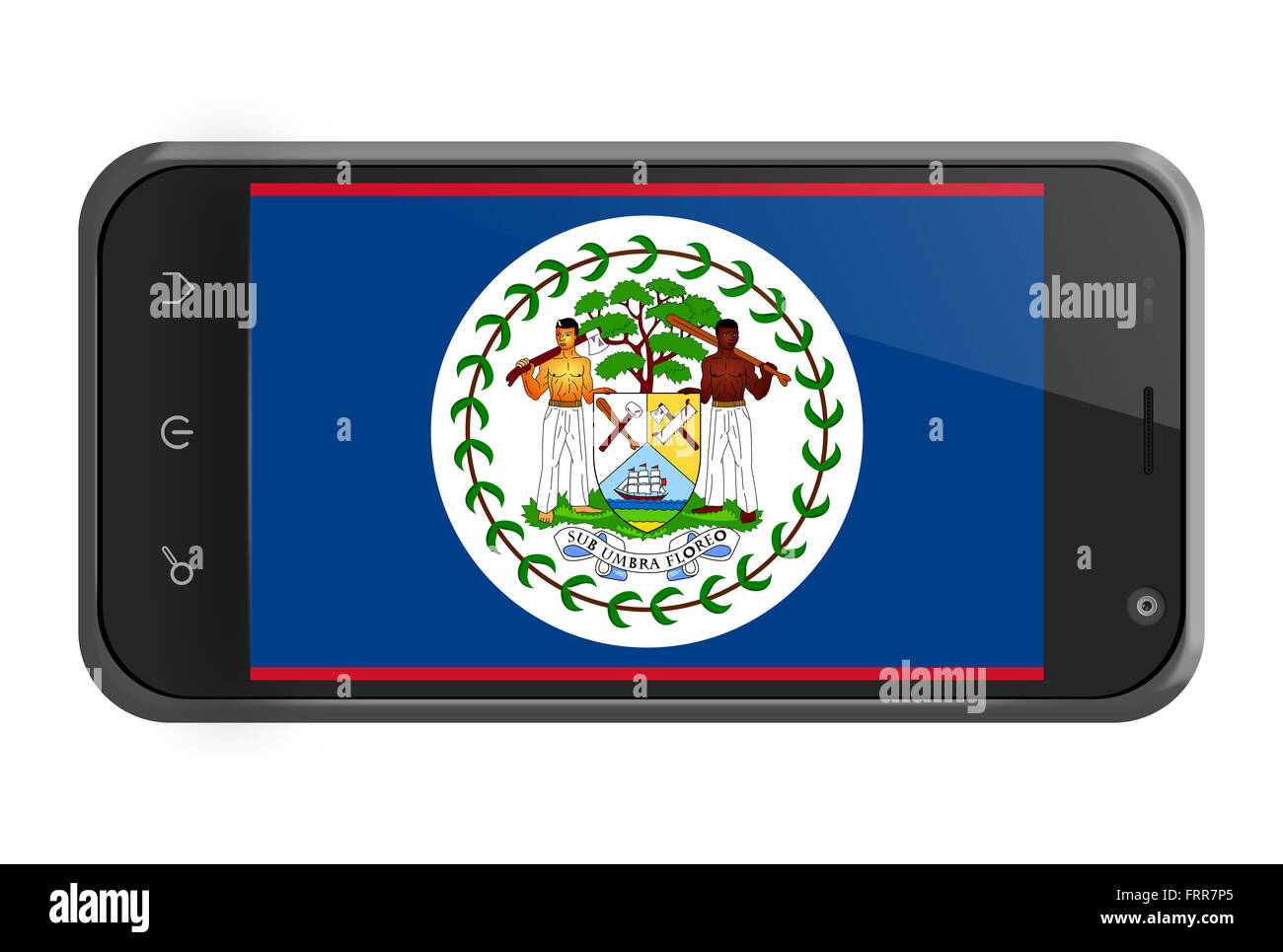 Belize-Flagge auf Smartphone-Bildschirm, isoliert auf weiss Stockfoto