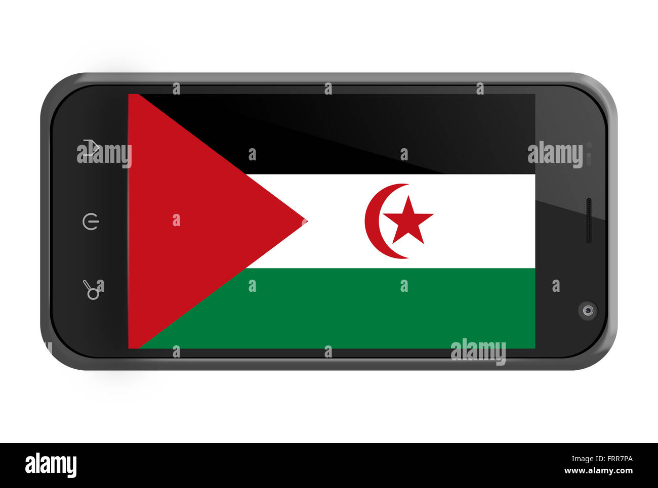 Sahrawi arabische demokratische Republik Flagge auf Smartphone-Bildschirm, isoliert auf weiss Stockfoto
