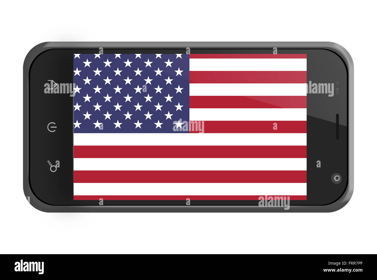 Flagge der Vereinigten Staaten auf Smartphone-Bildschirm, isoliert auf weiss Stockfoto