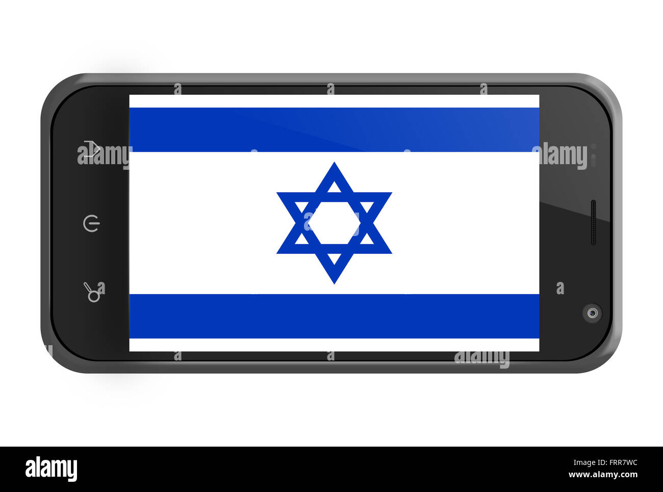 Israel-Flagge auf Smartphone-Bildschirm, isoliert auf weiss Stockfoto