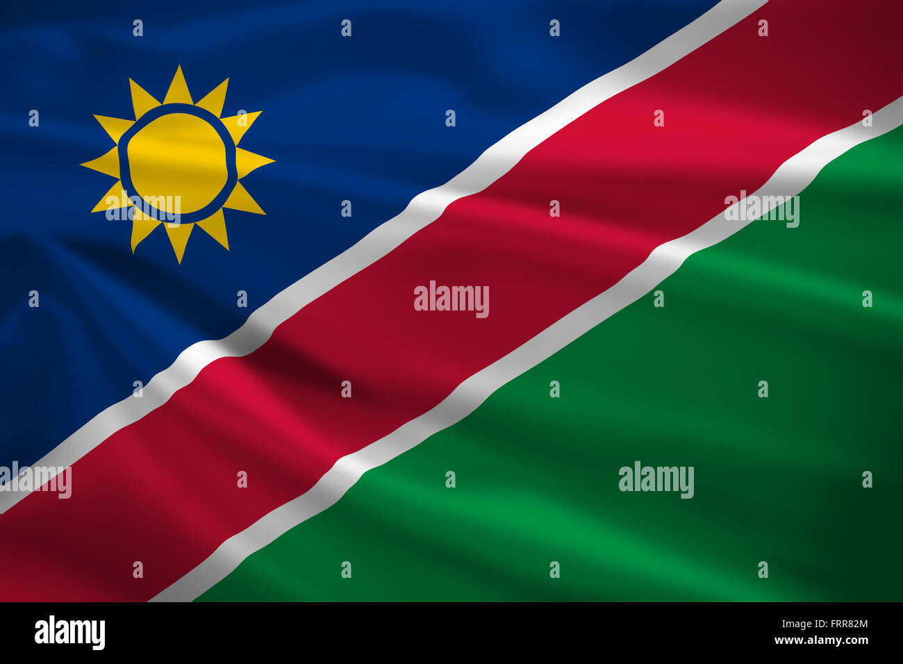Namibia-Flagge im Wind wehen. Hintergrundtextur. Stockfoto