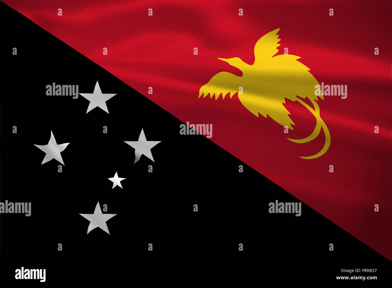 Papua-Neu-Guinea-Flagge im Wind wehen. Hintergrundtextur. Stockfoto