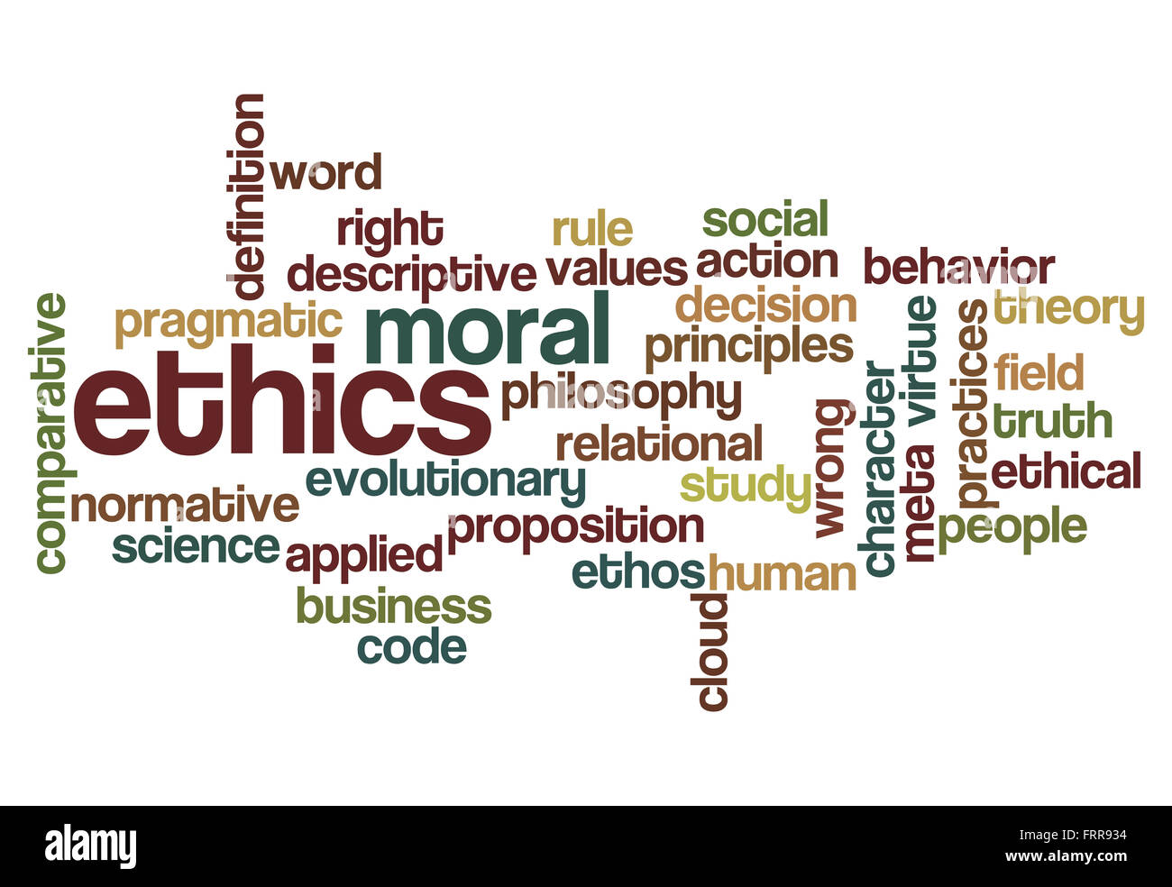 Ethik Moralphilosophie Word Cloud-Konzept auf weiß Stockfoto