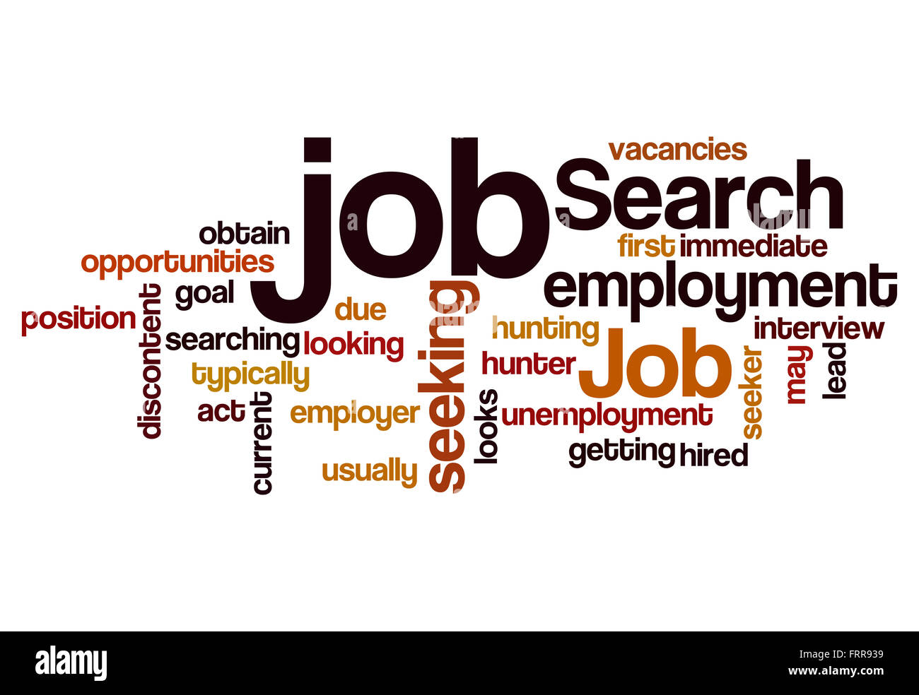 Job-Suche, die Suche nach Beschäftigung Konzept Word Cloud-Hintergrund Stockfoto