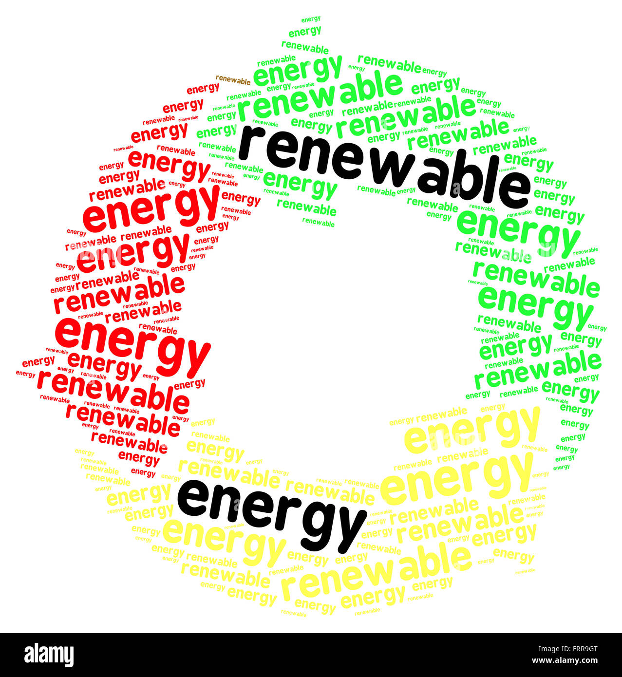 Erneuerbare Energien-Wortwolke isoliert auf weißem Hintergrund Stockfoto