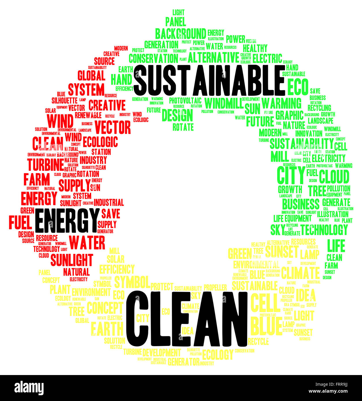 Nachhaltige saubere Energie Wort-Wolke-Shape-Konzept Stockfoto