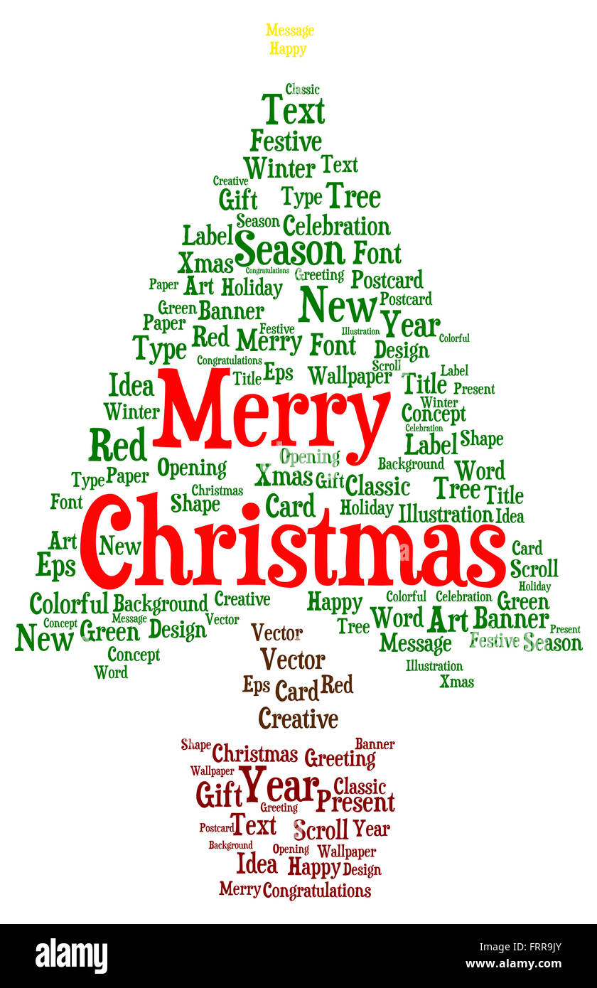 Frohe Weihnachten Word cloud in Form eines Weihnachtsbaumes, isoliert auf weiss Stockfoto