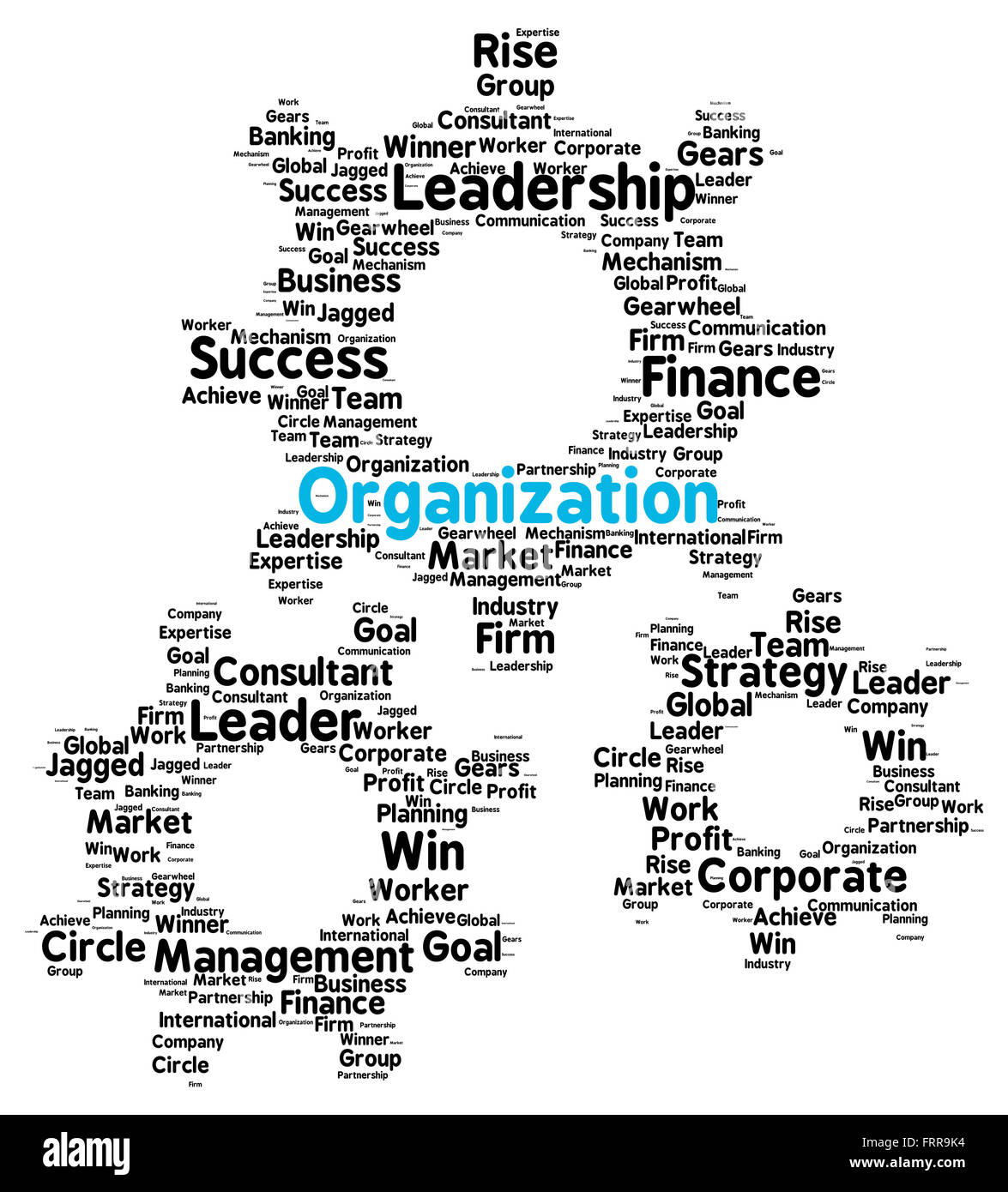 Organisation-Wortwolke in Form von Zahnrädern, Business-Konzept Stockfoto