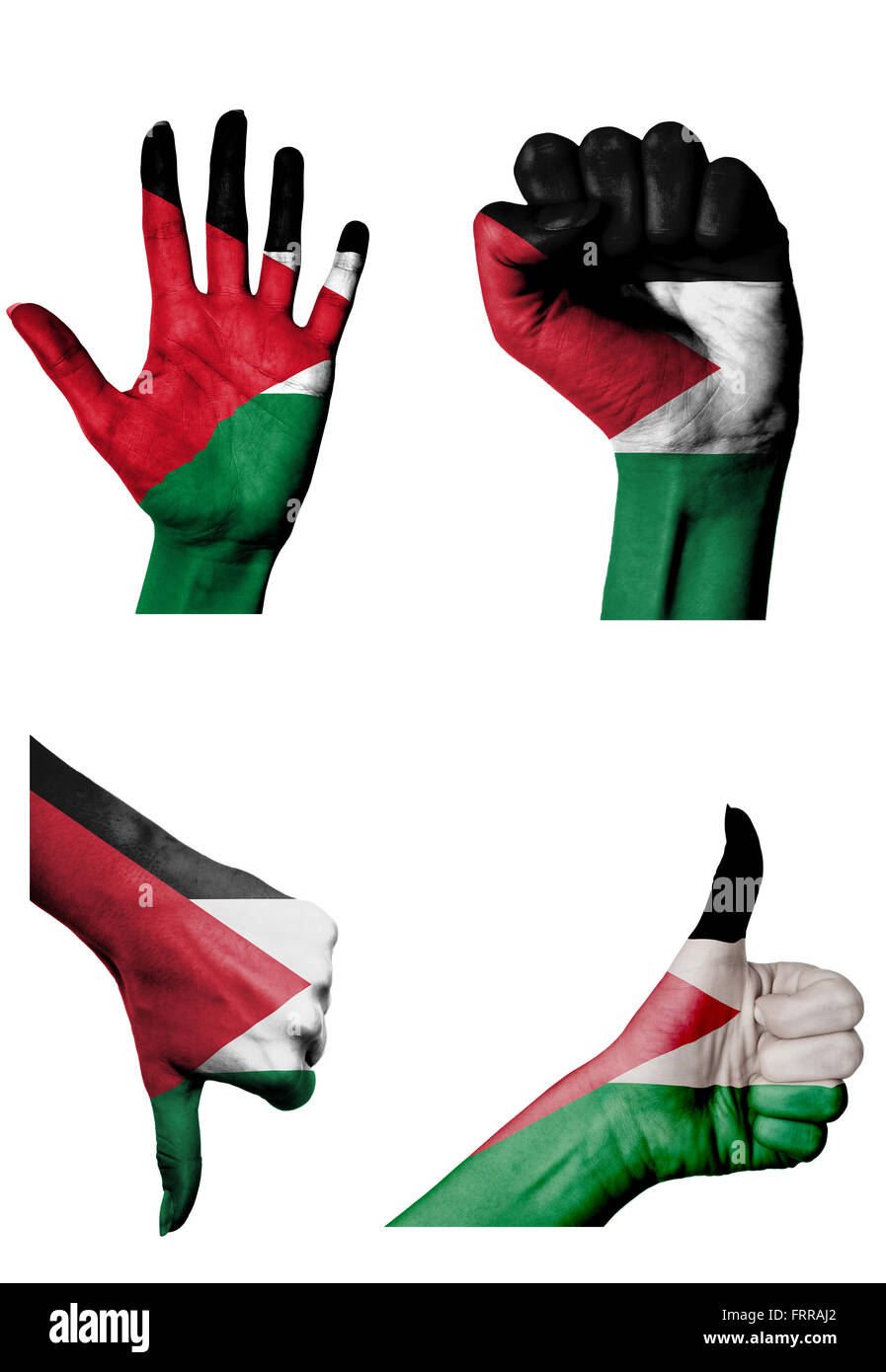 Hände mit mehreren Gesten (Open palm, geschlossenen Faust, Daumen nach oben und unten) mit Jordanien Flagge isoliert auf weiß lackiert Stockfoto