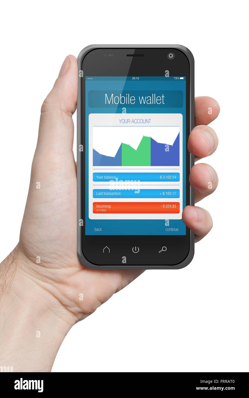 Isolierte Hand hält eine Smartphone mit mobile Wallet-Anwendung und banking Transaktion Stockfoto