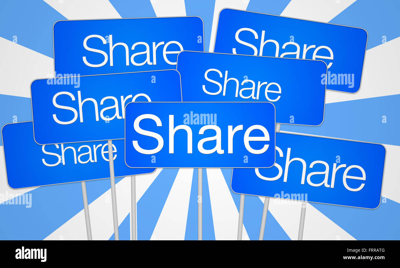 3D Schilder mit dem Text teilen Sie auf modernen Starburst Hintergrund Stockfoto