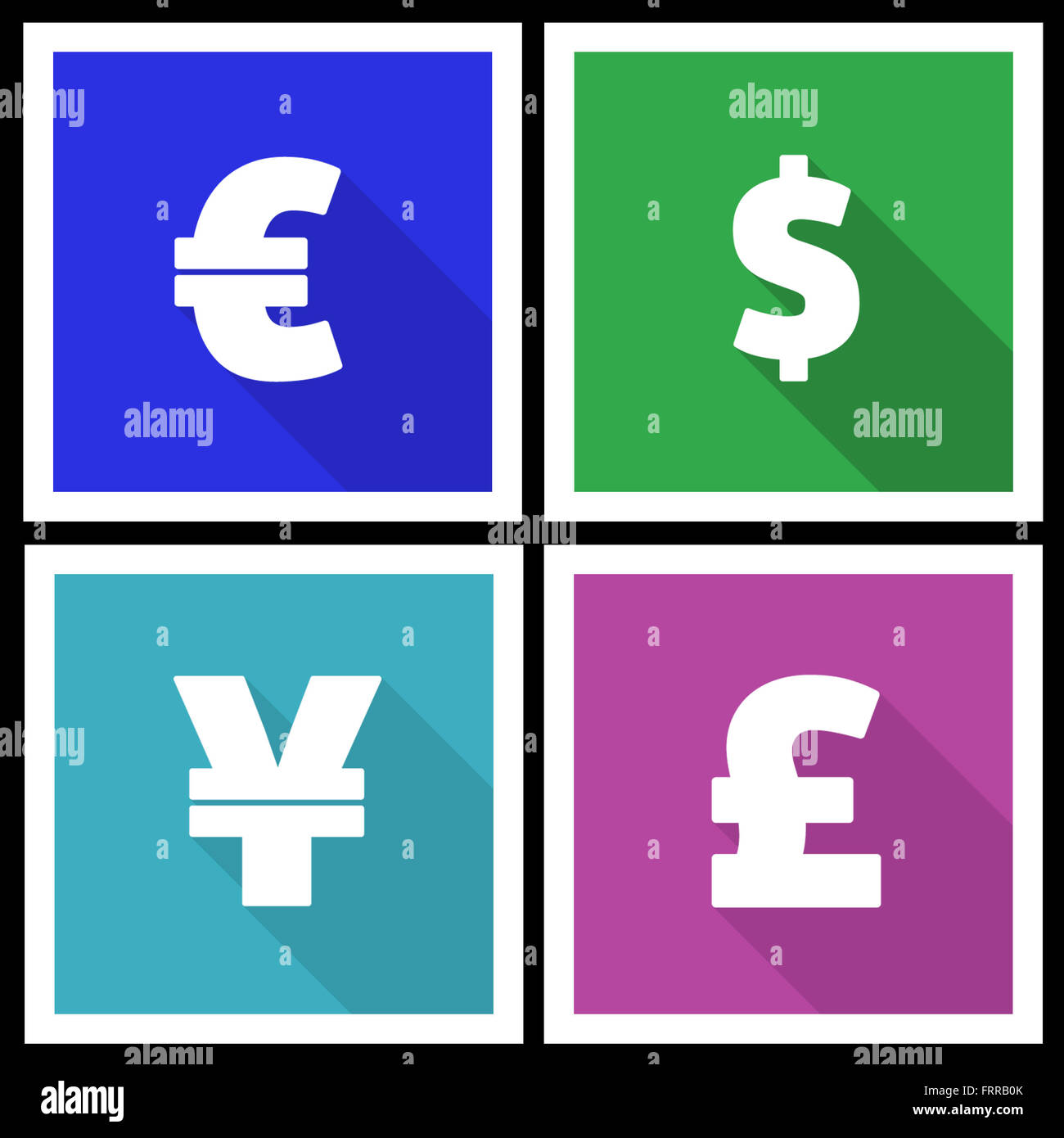 Flache moderne Währung Symbole mit langen Schatten Stockfoto