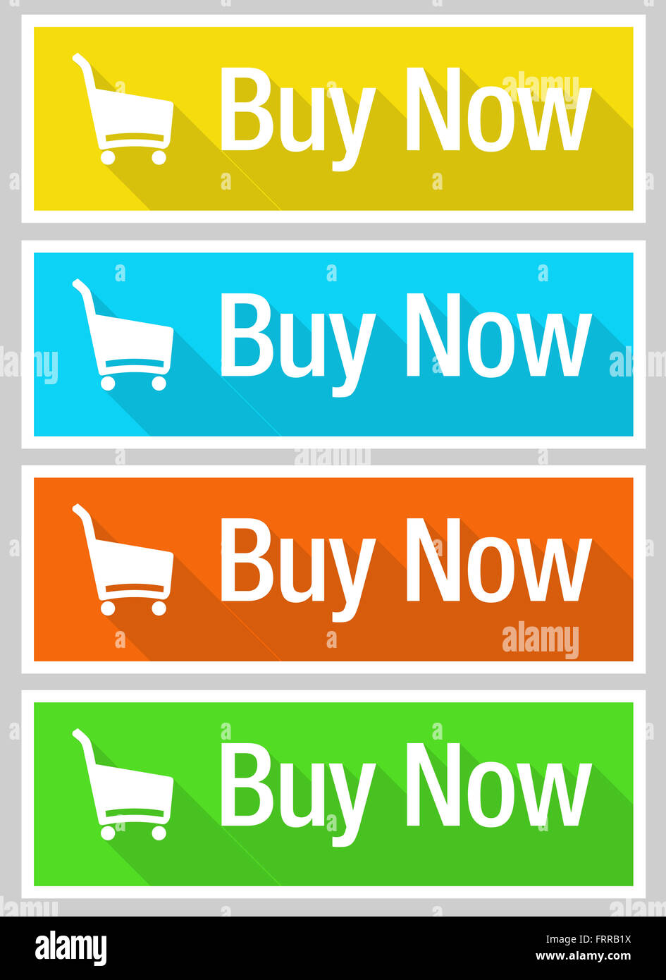 Flache lange Schatten Symbole für e-Commerce kaufen jetzt Zeichen Stockfoto