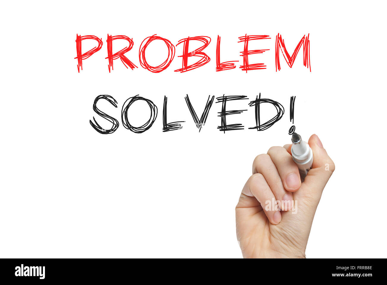 Problem gelöst, auf eine Tafel schreiben Hand Stockfoto