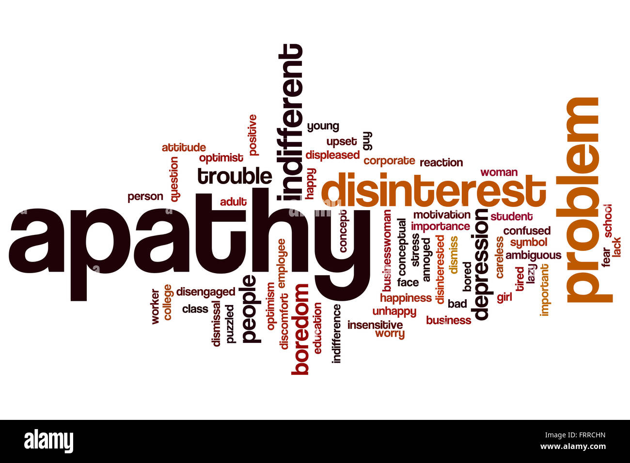 Apathie-Wort-Cloud-Konzept mit Desinteresse nicht gleichgültig Verwandte tags Stockfoto
