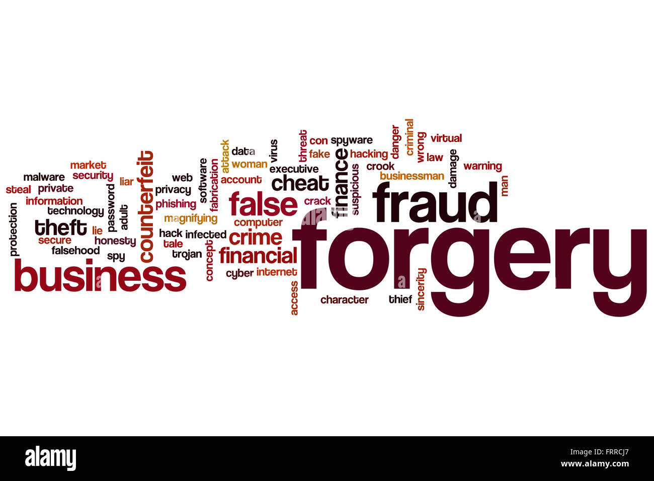 Fälschung Word Cloud-Konzept mit Betrug falsche Verwandte tags Stockfoto