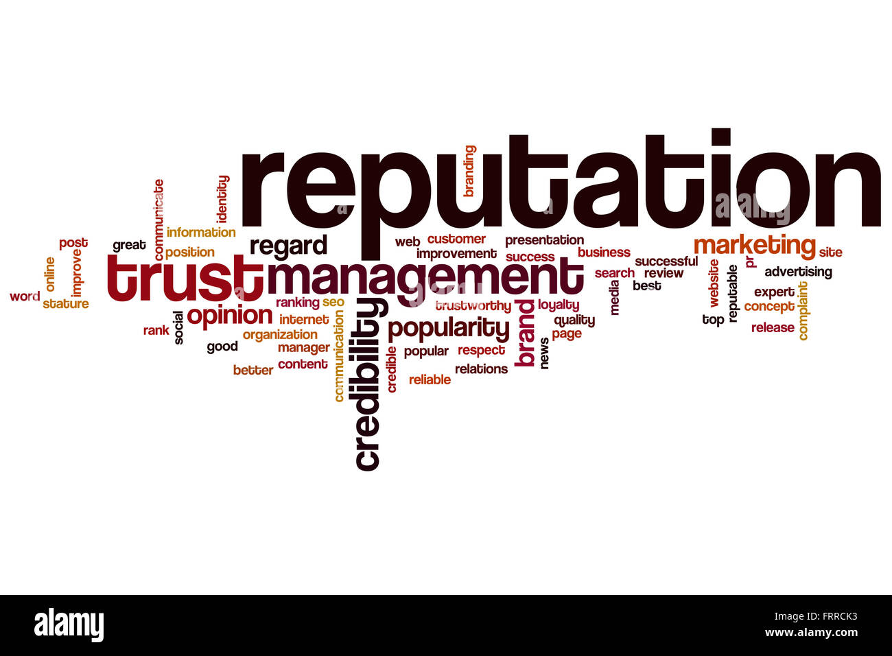 Ruf-Wort-Cloud-Konzept mit Crediblity Marke Verwandte tags Stockfoto