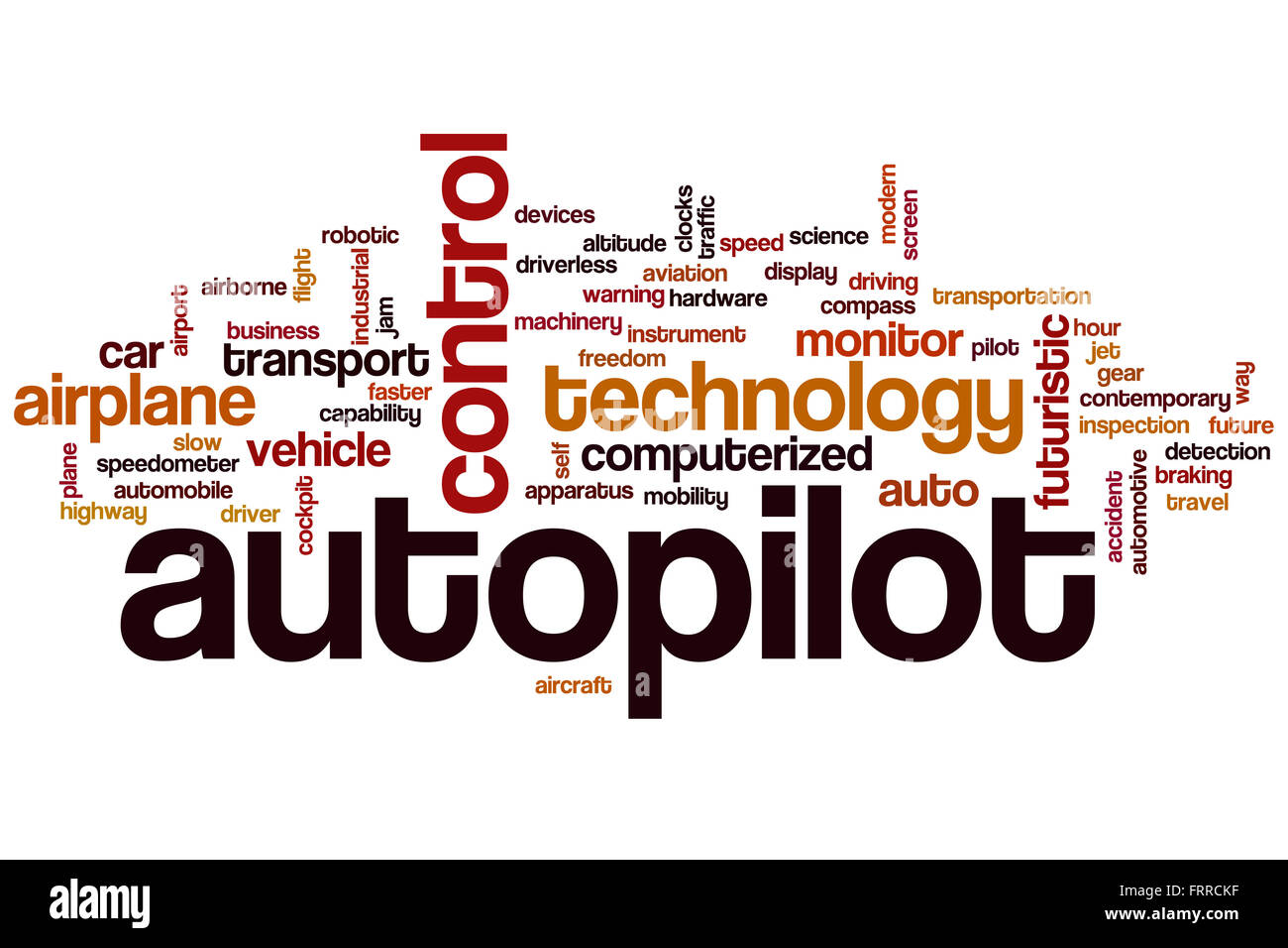 Autopilot-Wort-Cloud-Konzept mit Kontrolle Transport Verwandte tags Stockfoto
