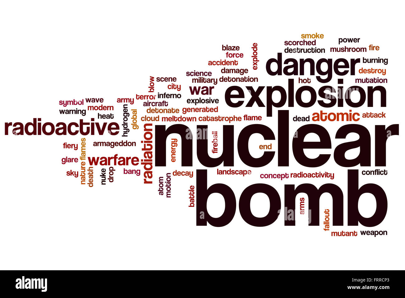 Atombombe-Wort-Cloud-Konzept mit radioaktiven Explosion Verwandte tags Stockfoto