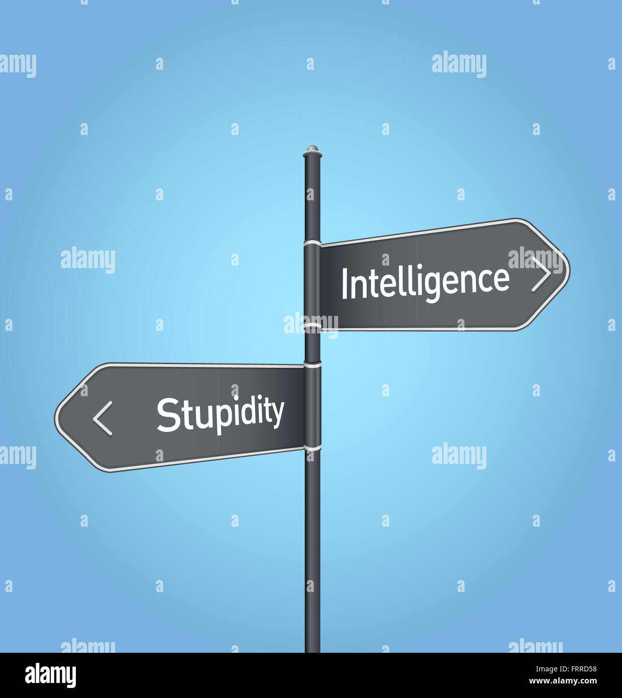 Intelligenz gegen Dummheit Wahl Konzept Verkehrszeichen auf blauem Hintergrund Stockfoto