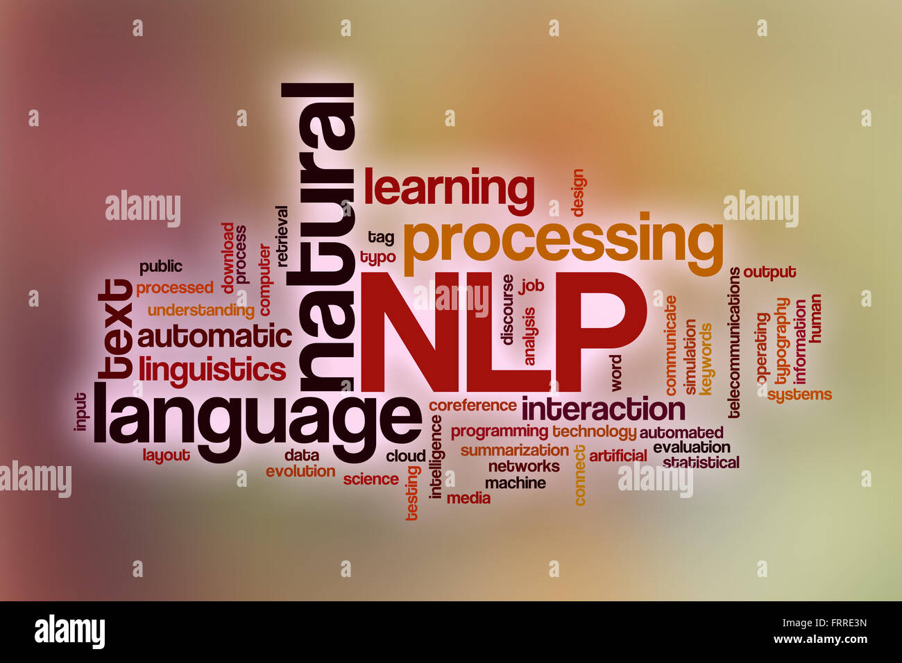Natural Language processing Word Cloud-Konzept mit abstrakten Hintergrund Stockfoto