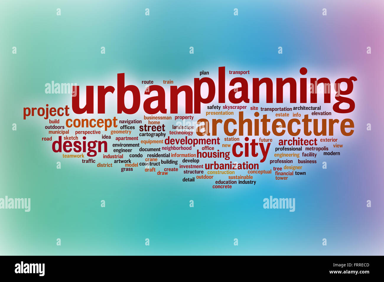 Städtischen Wort Wolke Planungskonzept mit abstrakten Hintergrund Stockfoto
