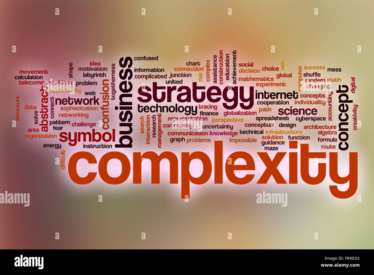 Komplexität Word Cloud-Konzept mit abstrakten Hintergrund Stockfoto