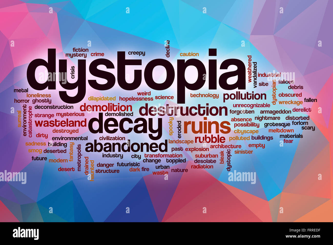 Dystopie Word Cloud-Konzept mit abstrakten Hintergrund Stockfoto