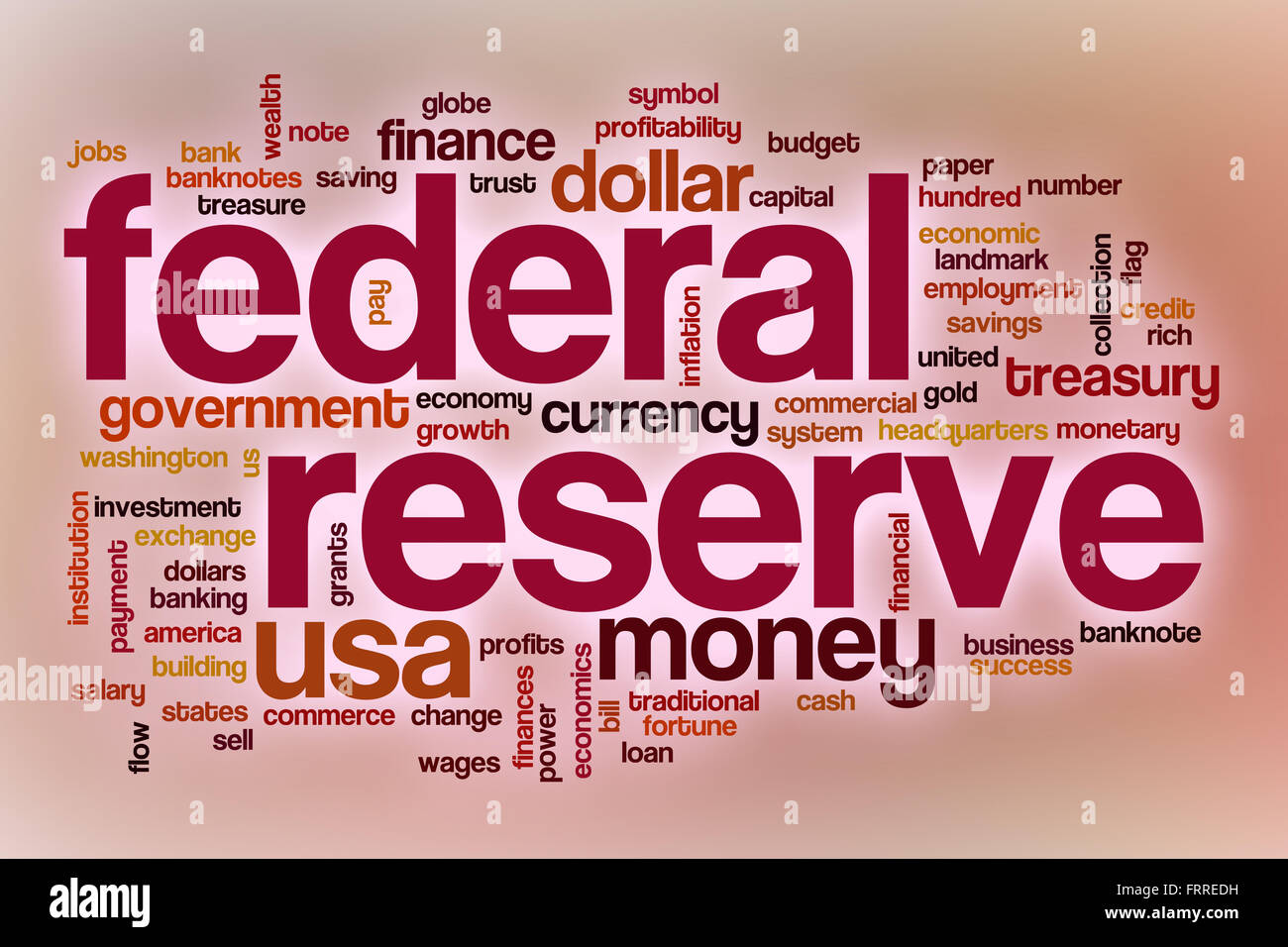 US-Notenbank Word Cloud-Konzept mit abstrakten Hintergrund Stockfoto
