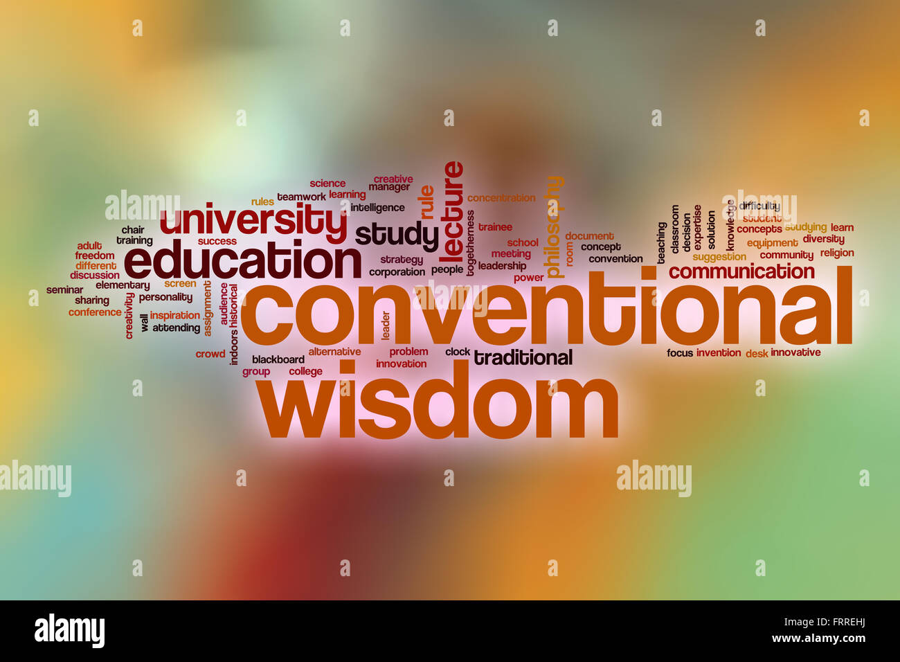 Konventionelle Weisheit Wort Cloud-Konzept mit abstrakten Hintergrund Stockfoto