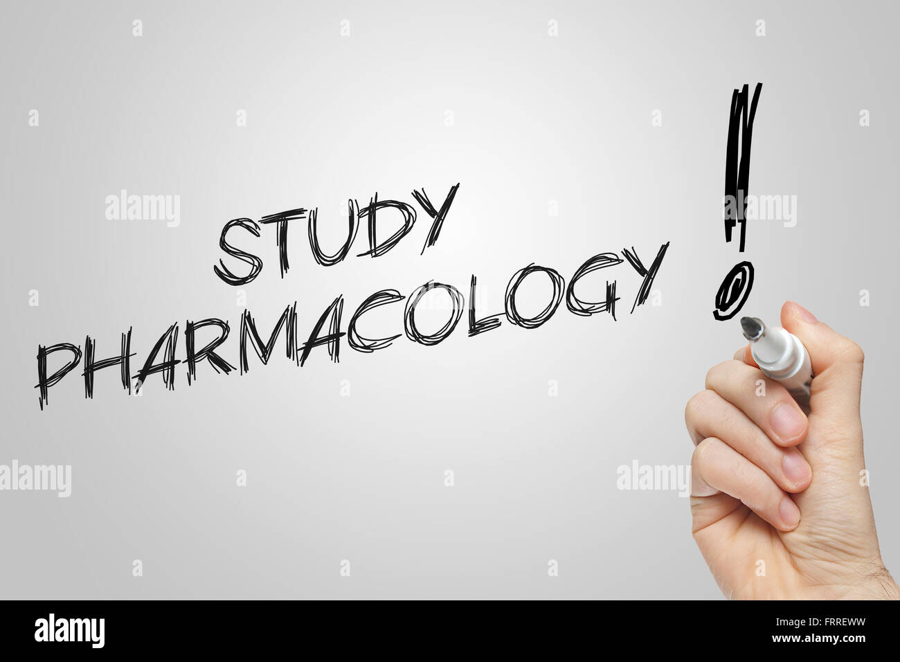 Handschrift Studie Pharmakologie auf grauem Hintergrund Stockfoto