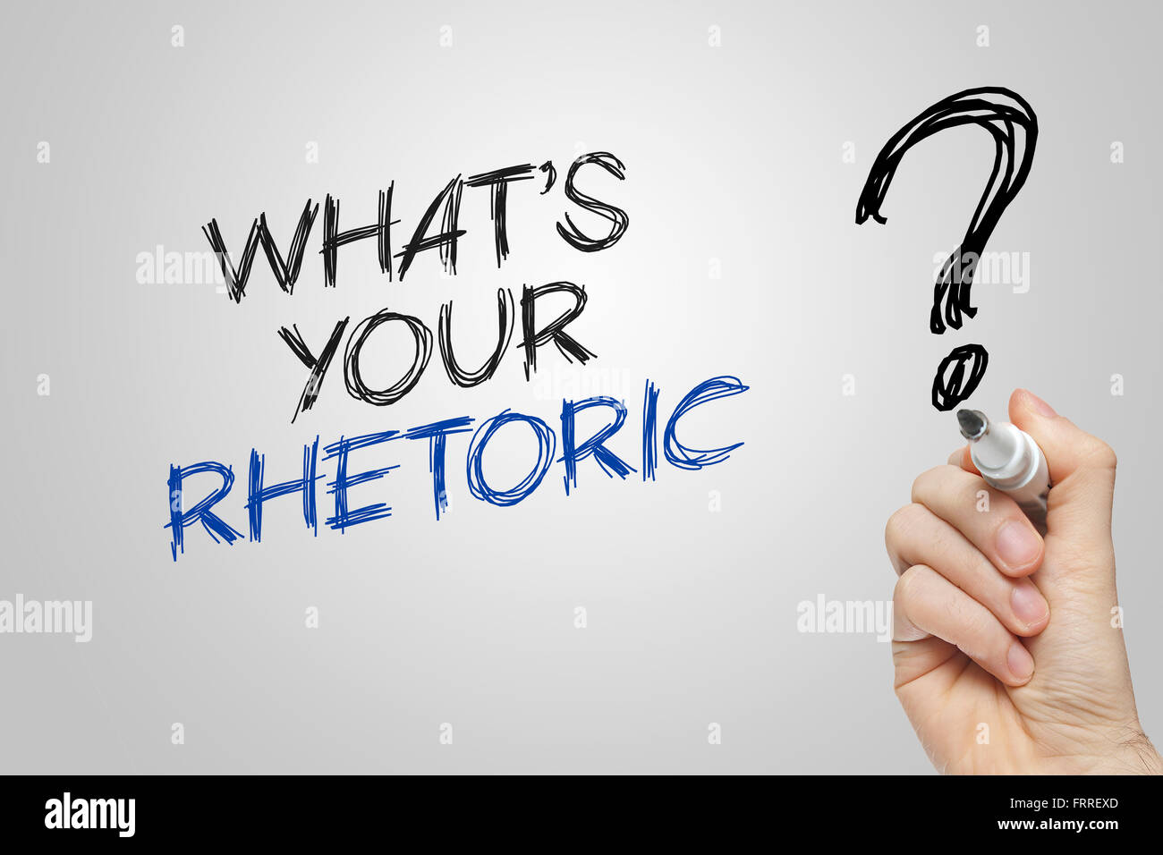 Handschrift, was ist Ihre Rhetorik auf grauem Hintergrund Stockfoto