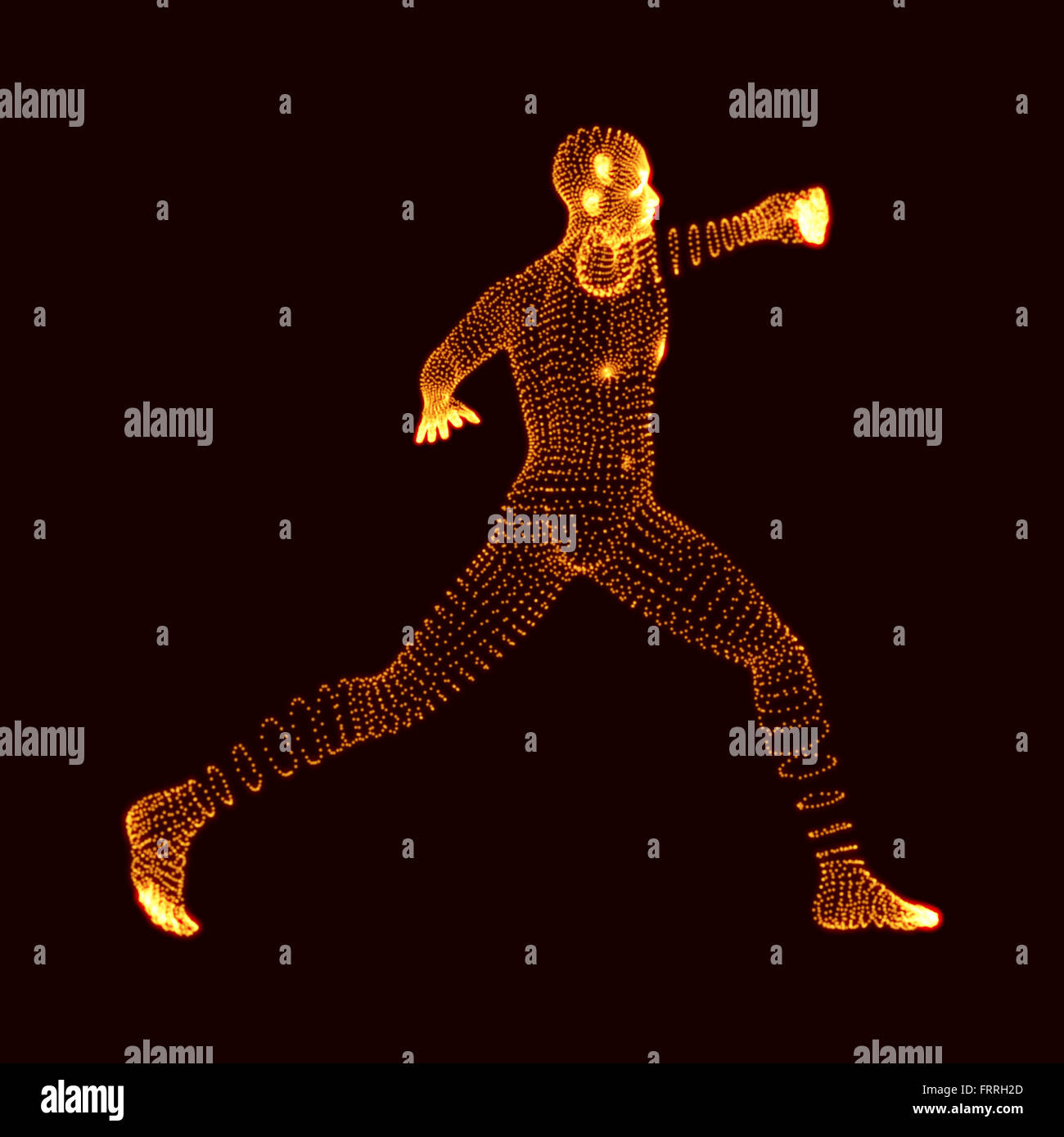 Fighting Man. 3d-Modell des Menschen. Human Body Model. Body Scanning. Blick auf den menschlichen Körper. Vektorgrafiken aus Teilchen. Stockfoto