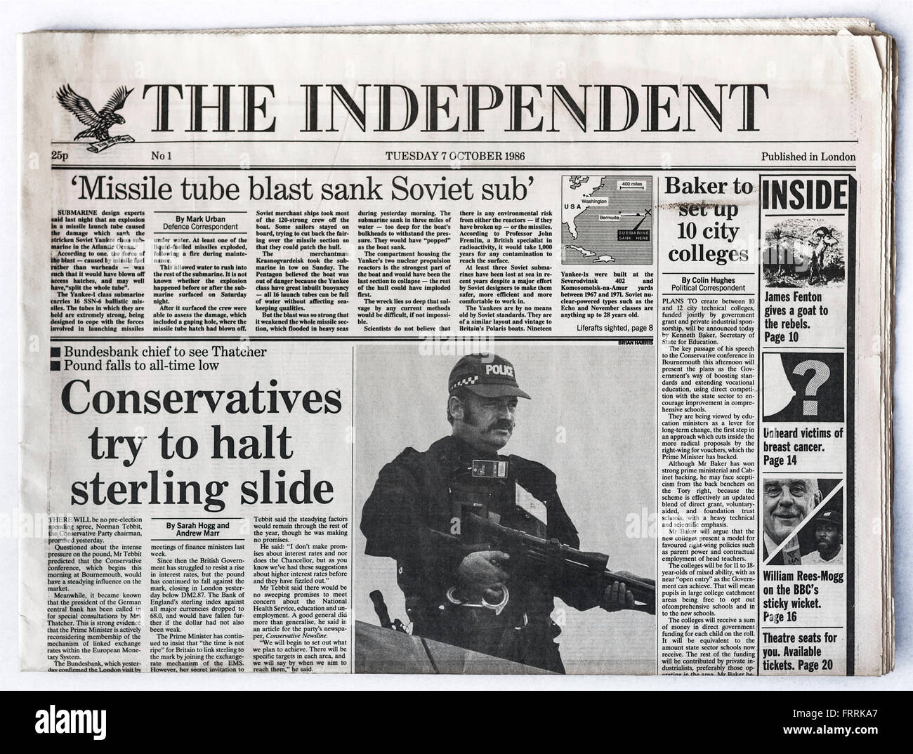 Titelseite der "The Independent" erste Ausgabe, 7. Oktober 1986 - UK. Stockfoto