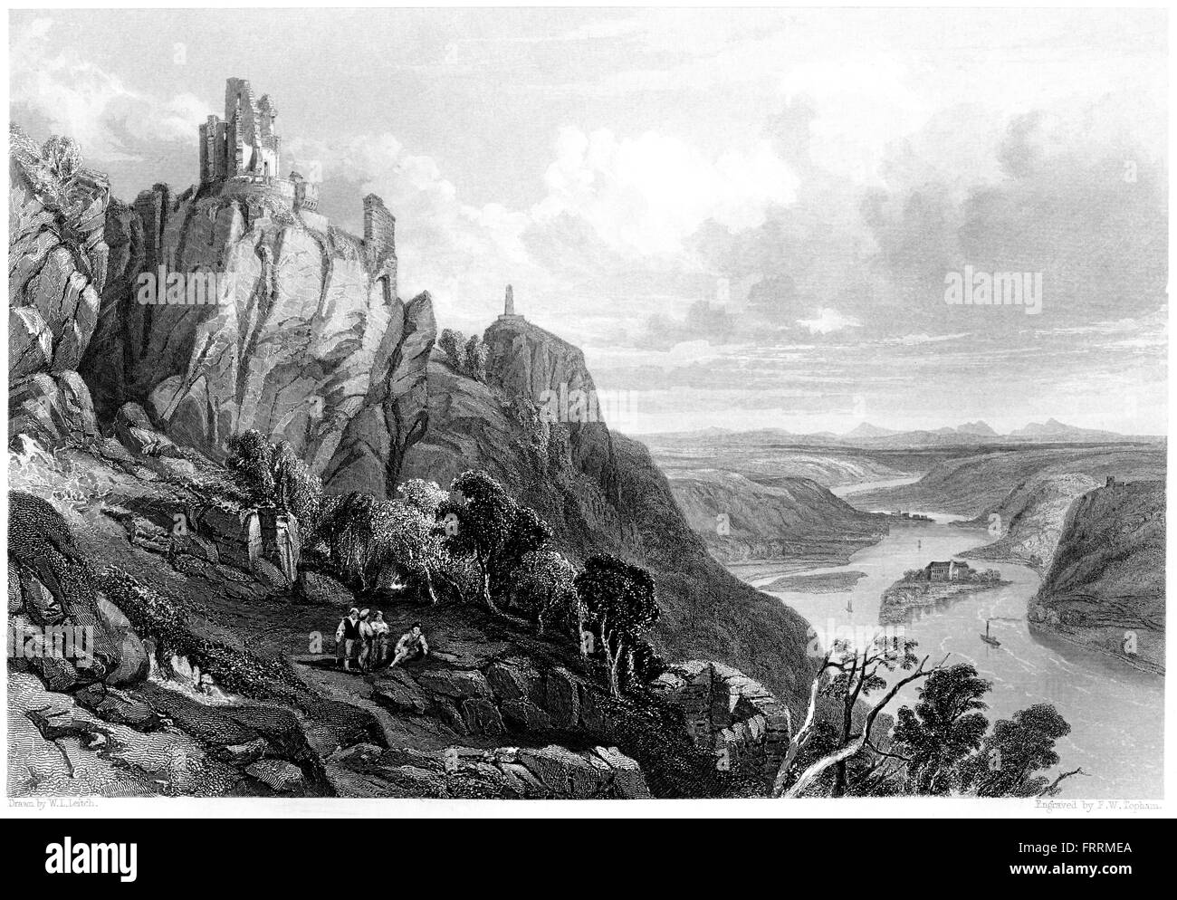 Eine Gravur des Drachenfels und der Insel Nonnenwerth, gescannt Rhein in hoher Auflösung aus einem Buch, gedruckt im Jahre 1876. Stockfoto