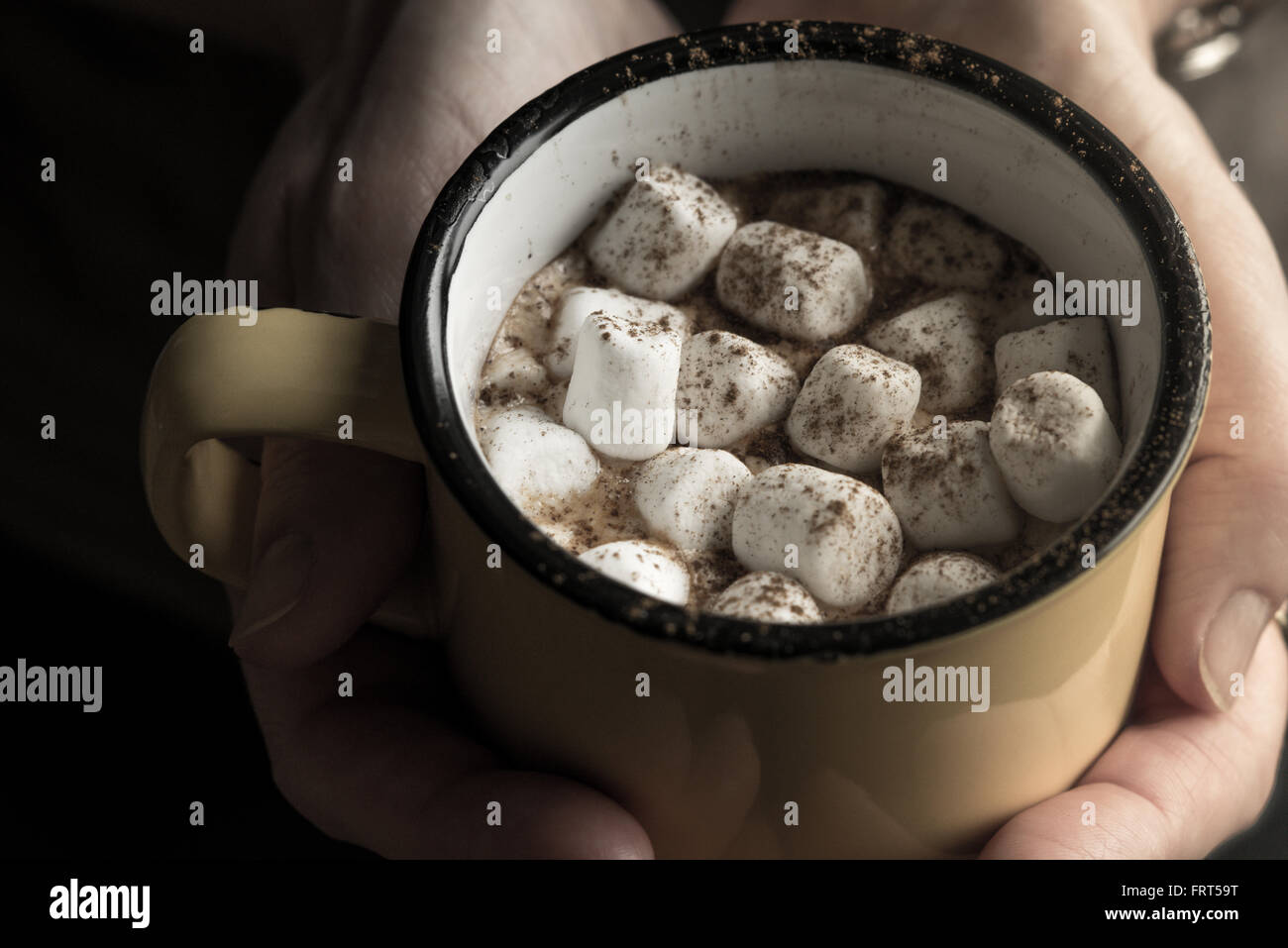 Tasse Kakao mit Marshmallows in der Hand horizontal Stockfoto