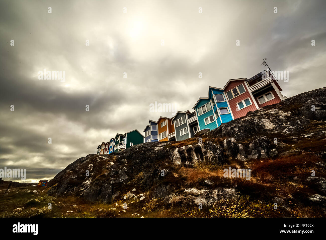 Moderne bunte Inuit Häuser in arktischen Nuuk Hauptstadt, Grönland Stockfoto
